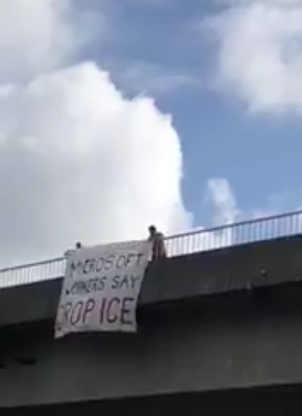 MICROSOFT WORKERS SAY DROP ICE banners yesterday at every exit for Microsoft in Seattle (Image from @SeattleDSA)